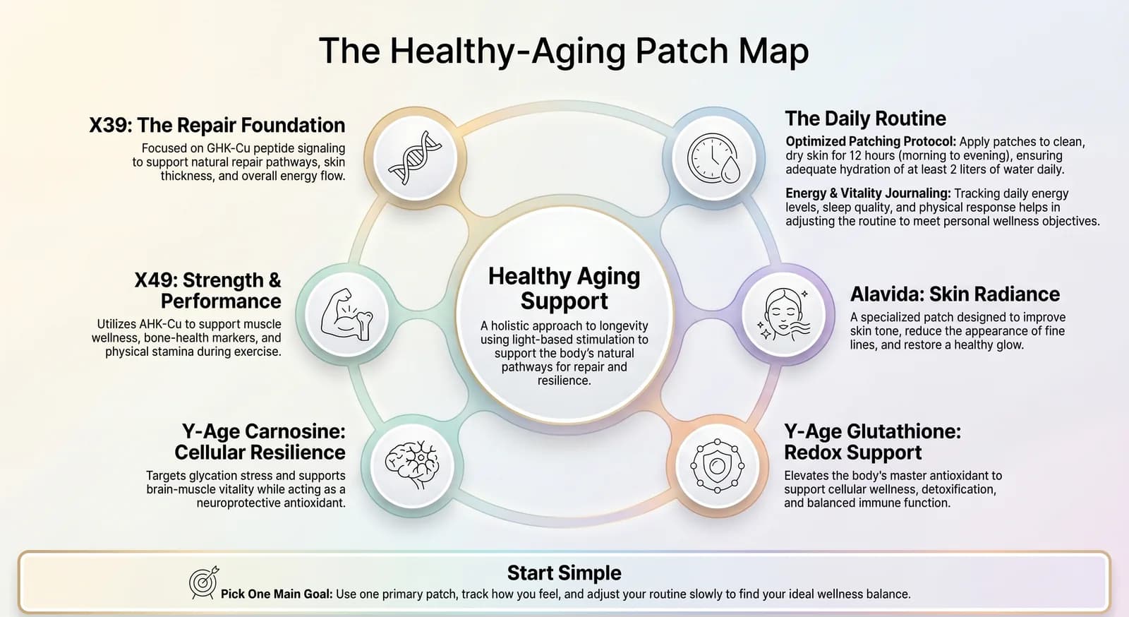 English healthy-aging patch protocol map connecting X39, X49, Y-Age Carnosine, Y-Age Glutathione, Alavida and daily routine tracking