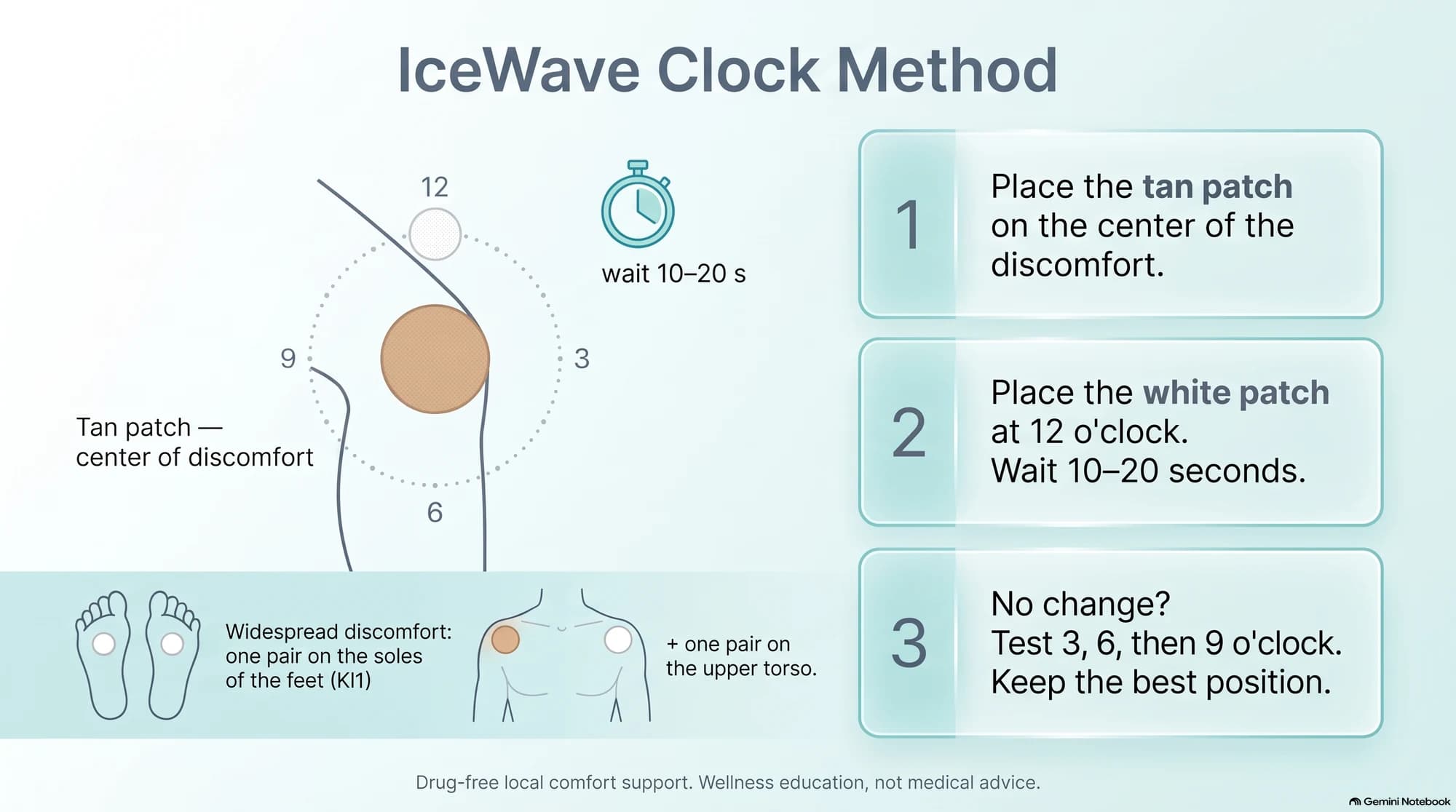 Step-by-step IceWave Clock Method infographic showing a tan patch at the center of discomfort and a white patch tested at the 12, 3, 6 and 9 o clock positions with 10 to 20 second checks, plus a widespread-discomfort option with one pair on the soles of the feet (KI1) and one pair on the upper torso