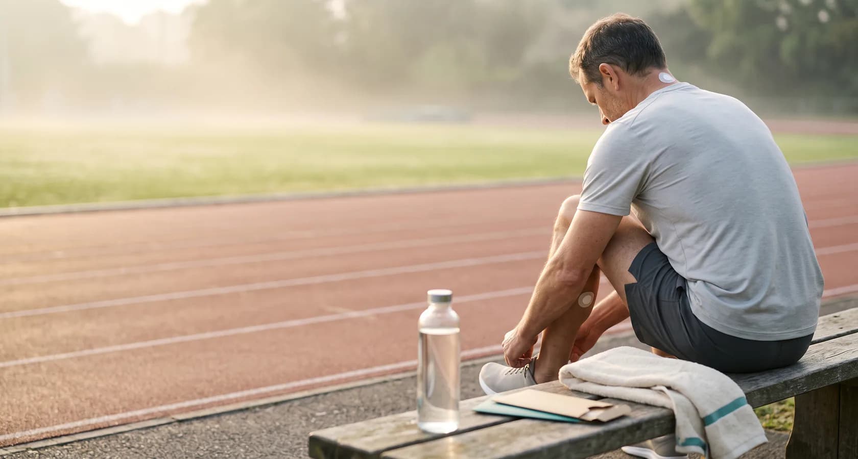 A man seen from behind sits on a weathered wooden bench beside a misty running track at sunrise, lacing his running shoe; a small round white patch is visible on the back of his neck and another on his lower leg, with a glass water bottle, a folded towel and a patch sleeve on the bench
