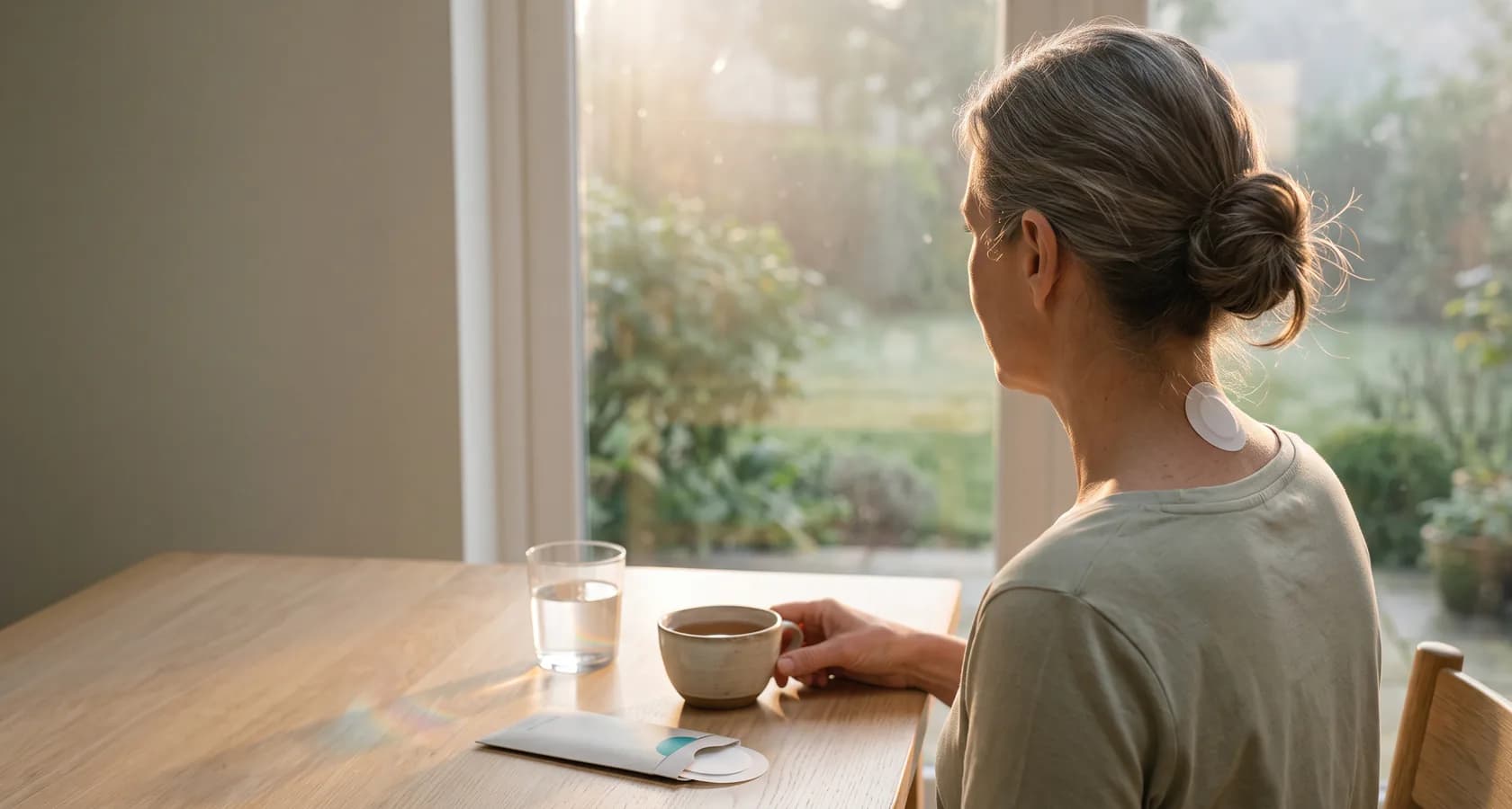 A woman seen from behind sits at a pale oak table beside a tall window in soft morning light, her hair in a low bun and a small round white patch at the back of her neck; on the table are a glass of water casting a faint rainbow, a cup of tea and an open patch pouch with a white patch sliding out