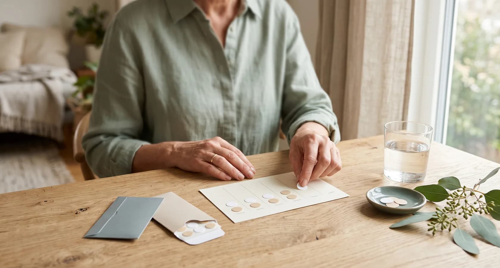 A woman in a sage linen shirt at an oak table by a window, placing small white and tan patches in pairs onto a cream weekly planner card with seven columns, the last column left empty, beside open patch sleeves, a glass of water and a sprig of eucalyptus