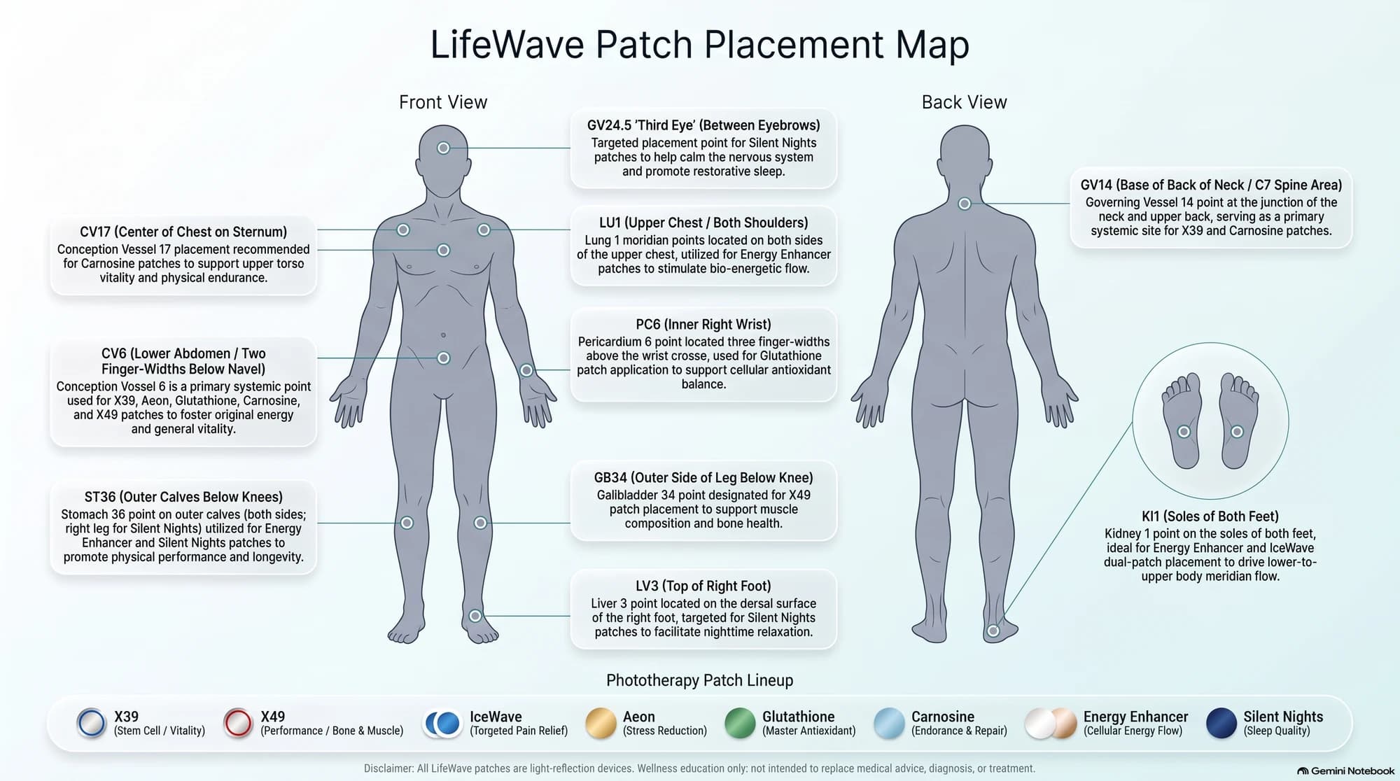 Body placement map infographic showing front and back body silhouettes with labeled points GV24.5, GV14, CV17, LU1, PC6, CV6, GB34, ST36, LV3 and KI1 matched to LifeWave X39, X49, IceWave, Aeon, Glutathione, Carnosine, Energy Enhancer and Silent Nights patches