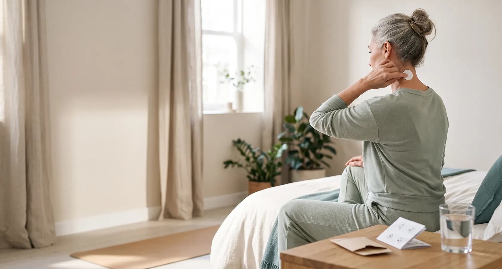 Woman in sage-green loungewear sitting on the edge of her bed in a calm, bright bedroom, pressing a round white patch onto the back of her neck, with a printed guide card and a glass of water on the bedside table