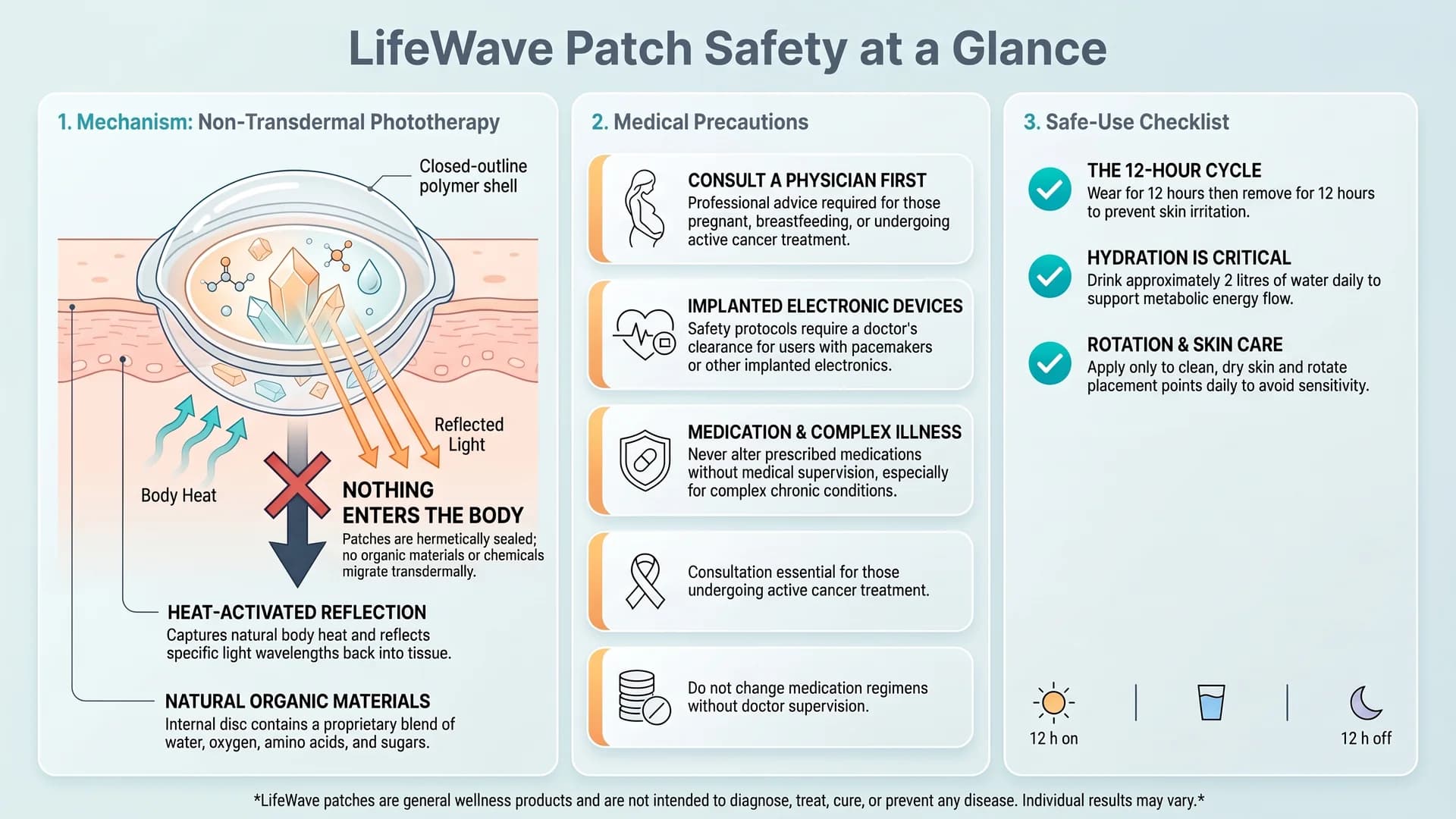 Three-column safety infographic titled LifeWave Patch Safety at a Glance: a cross-section of a sealed non-transdermal patch on skin with body-heat arrows rising in, reflected light arrows returning to the tissue and a crossed-out arrow labelled nothing enters the body; five medical-precaution cards for pregnancy and breastfeeding, implanted electronic devices, medication and complex illness, active cancer treatment and not changing medication without a doctor; and a safe-use checklist with the 12-hour cycle, about two litres of water a day, and clean dry skin with daily point rotation
