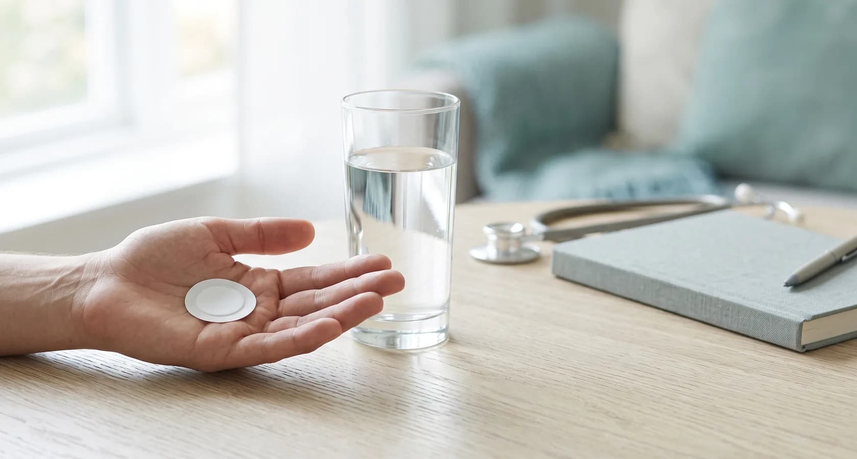 Editorial wellness photo: a small sealed white patch resting on a clean palm beside a glass of water, with a soft-focus stethoscope and a notebook in the background, suggesting a calm conversation with a doctor before starting