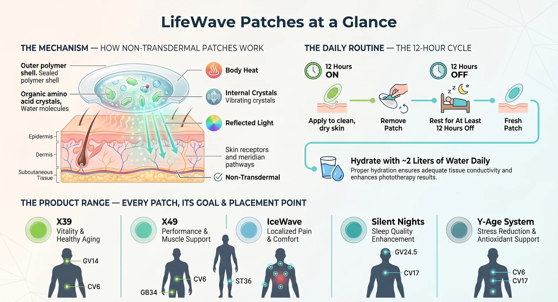 Infographic: how a non-transdermal LifeWave patch works, the daily 12-hour routine, and every patch with its main goal and placement point
