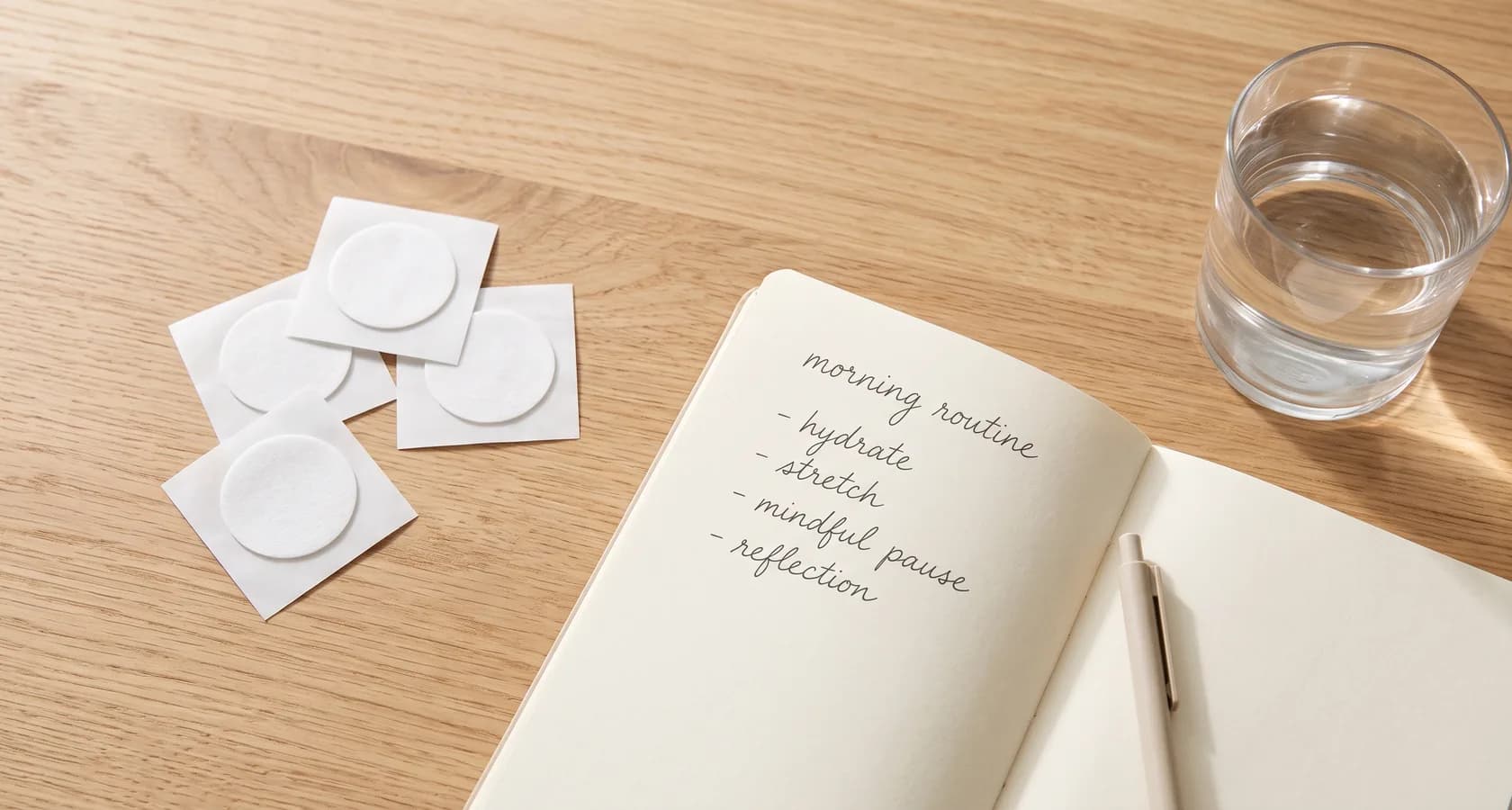 Flat lay of sealed white wellness patches beside a glass of water and a notebook on a light wooden table