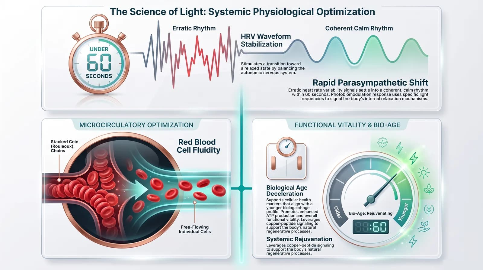 Infographic: The Science of Light — HRV waveform stabilization in under 60 seconds, red blood cell fluidity, and functional vitality and bio-age markers