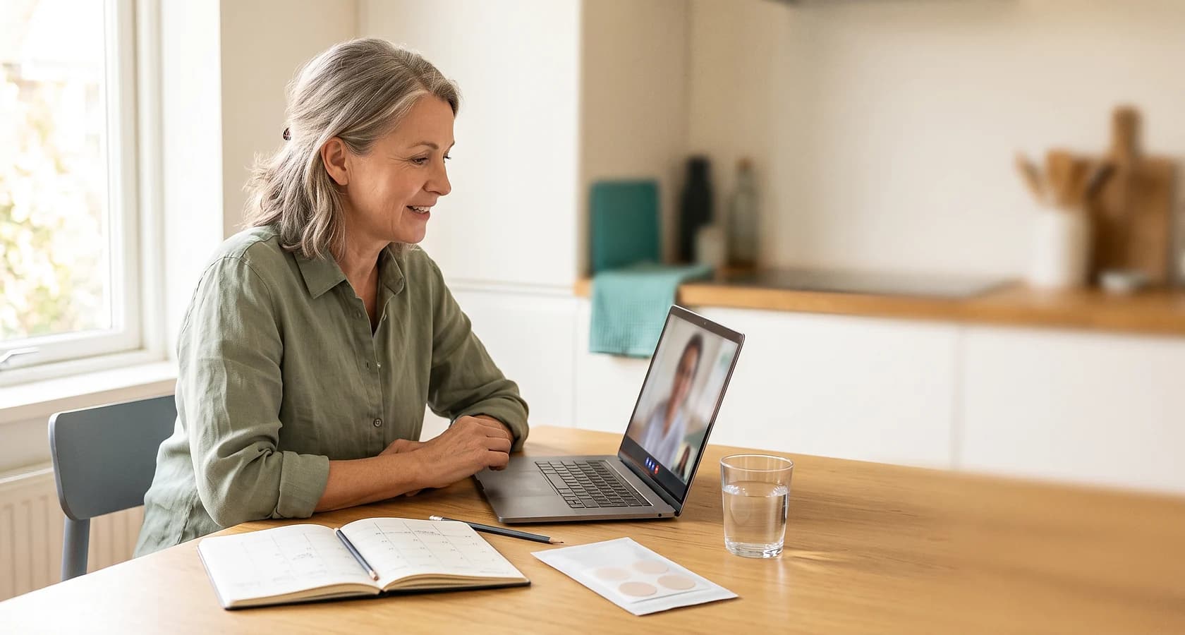 A woman in her fifties at a sunlit kitchen table, on a video call with her consultant, an open notebook with a month grid, a pencil, a sealed sleeve of patches and a glass of water in front of her