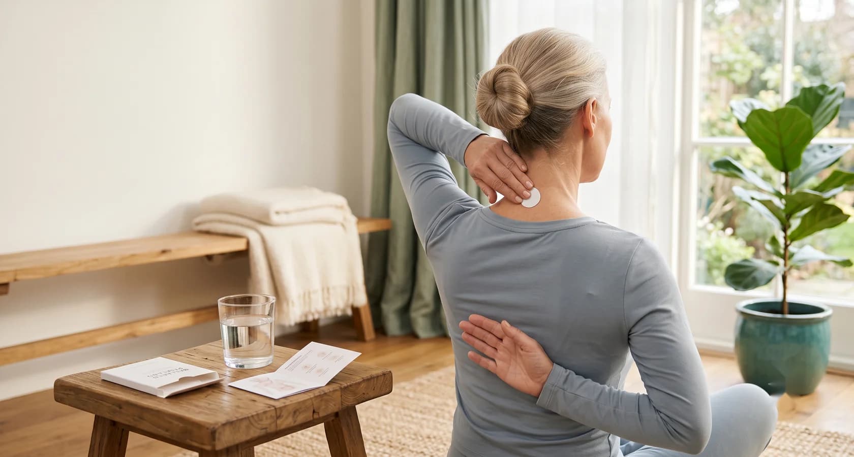 Woman applying a phototherapy patch to the base of the back of her neck at the GV14 point in a bright, calm room